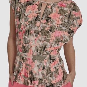 DKNY Top Womens Pink Pleated Cinched Waist Keyhole Neck Sleeveless S/XS